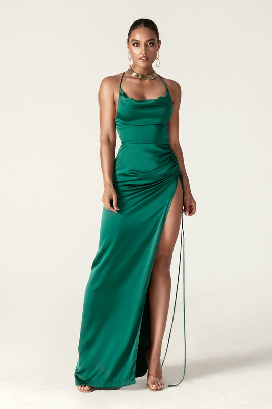 Reva Cowl Neckline Sheath Backless Maxi Dress (Emerald Green)