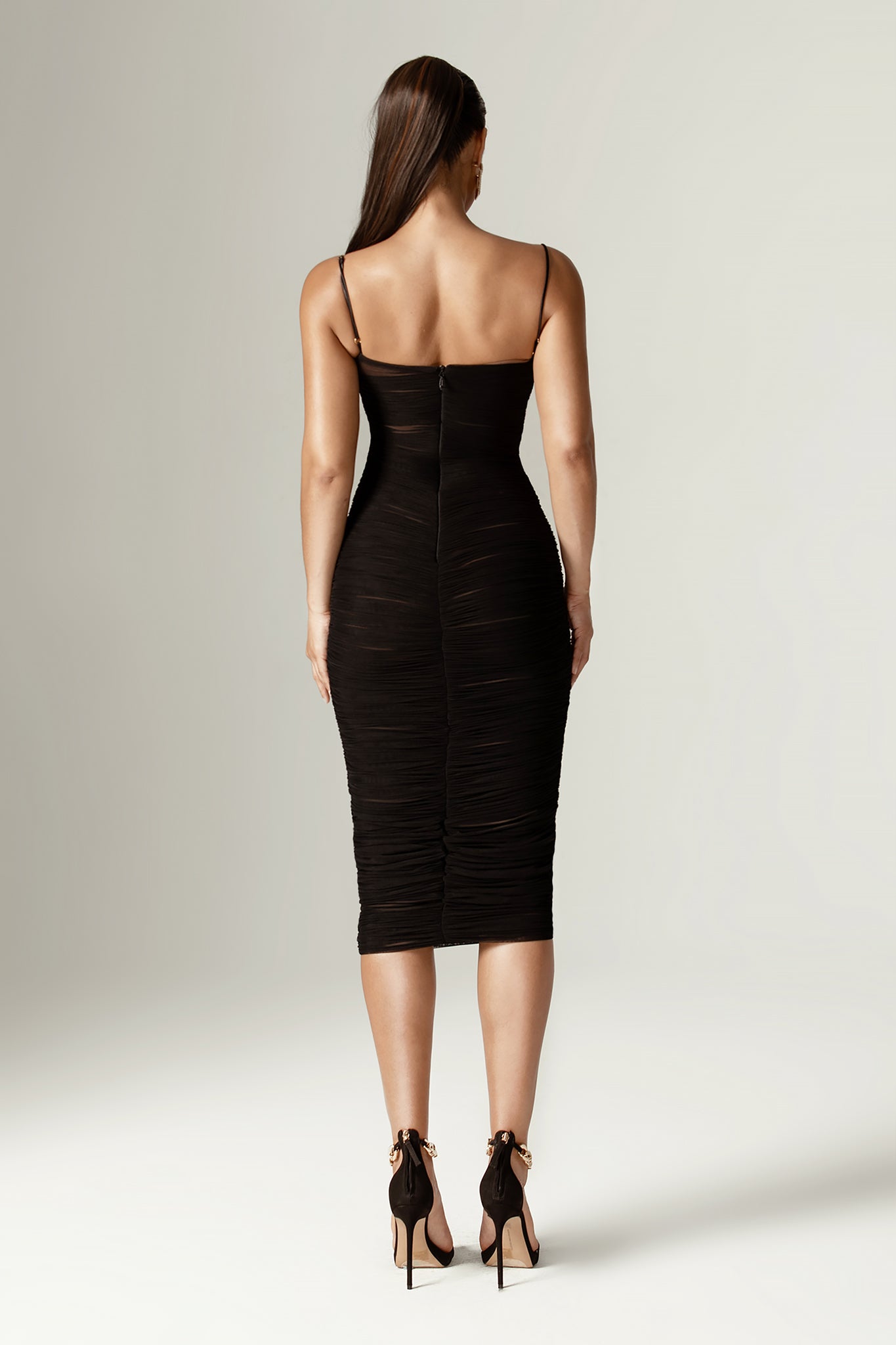 Justina Ruched Organza Mesh Midi Dress (Black)