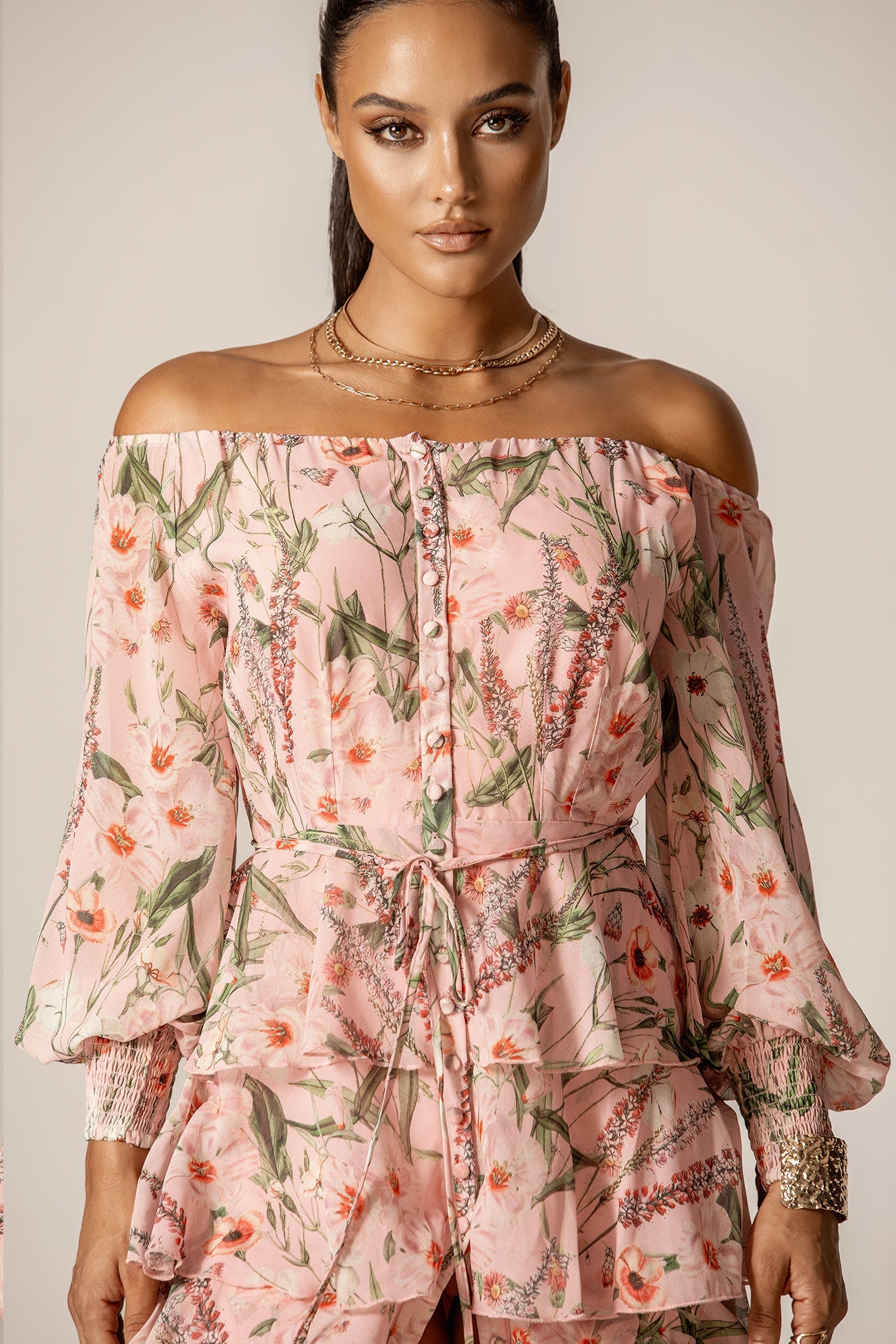 Dorra Off-Shoulder Floral Georgette Chiffon Midi Dress (Rosy Meadow)