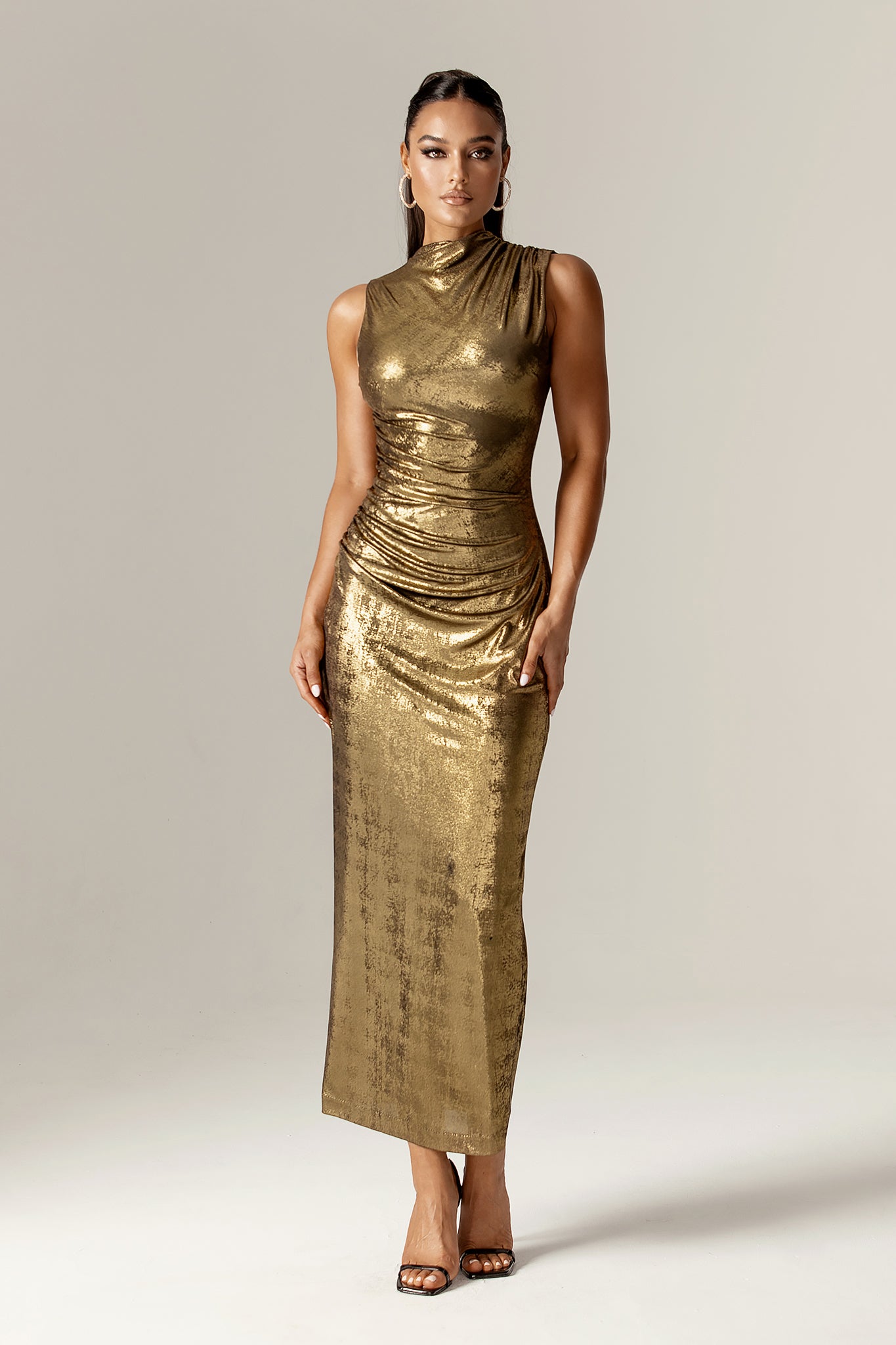 Doreena Metallic Ruched Maxi Dress (Gold)