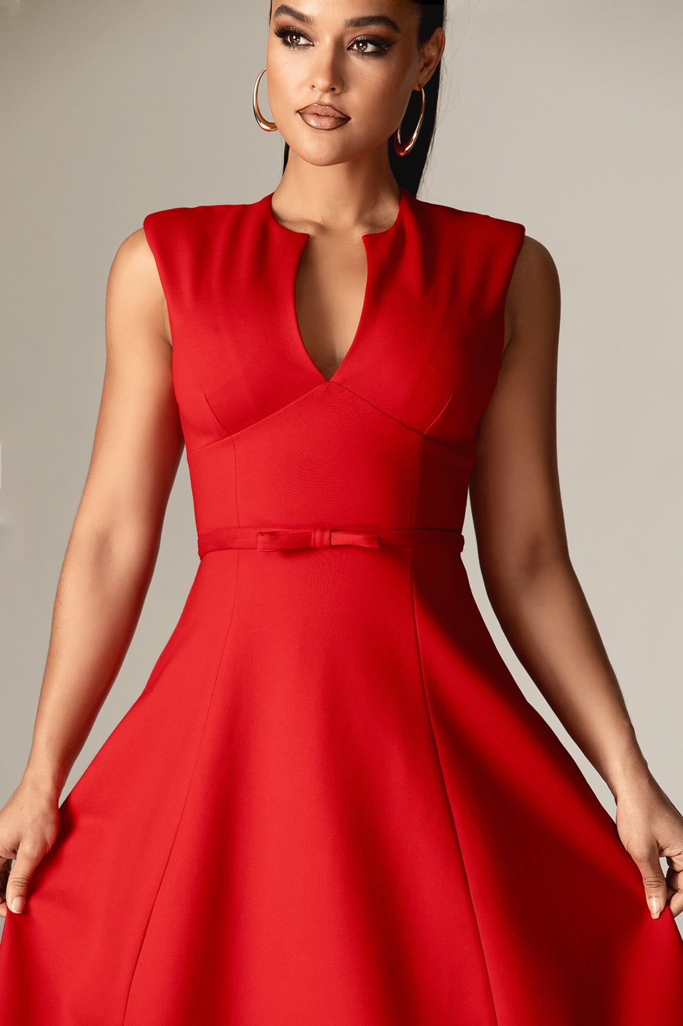 Leslie Italian Ponte Belted Midi Dress (Red)