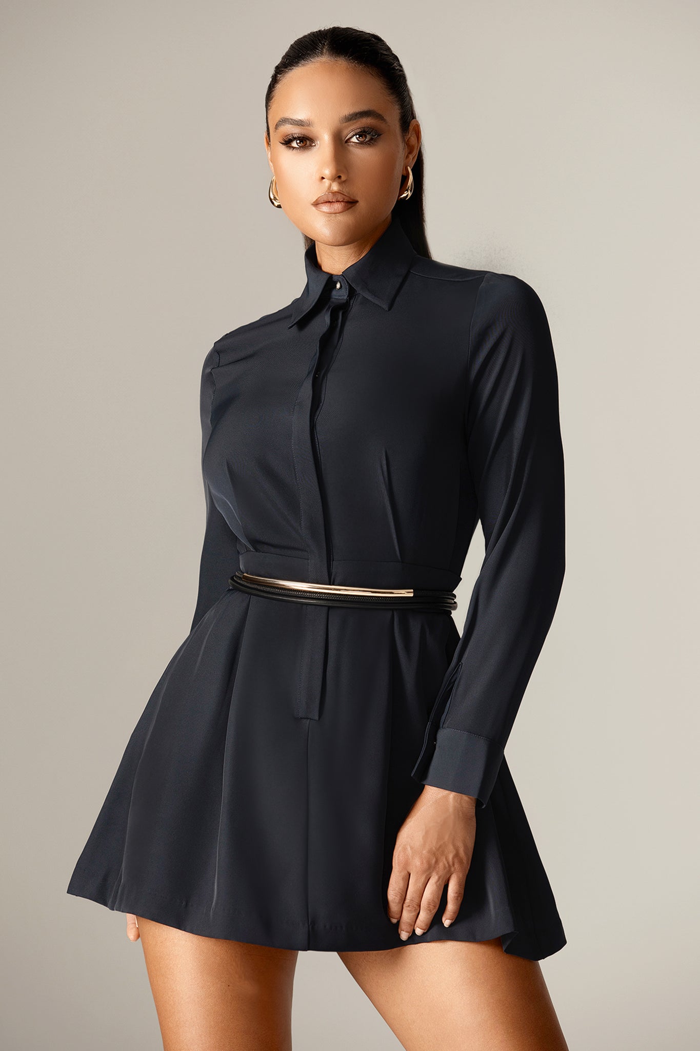 Anush Shirt Collar Long Sleeves Mini Dress (Navy Blue)