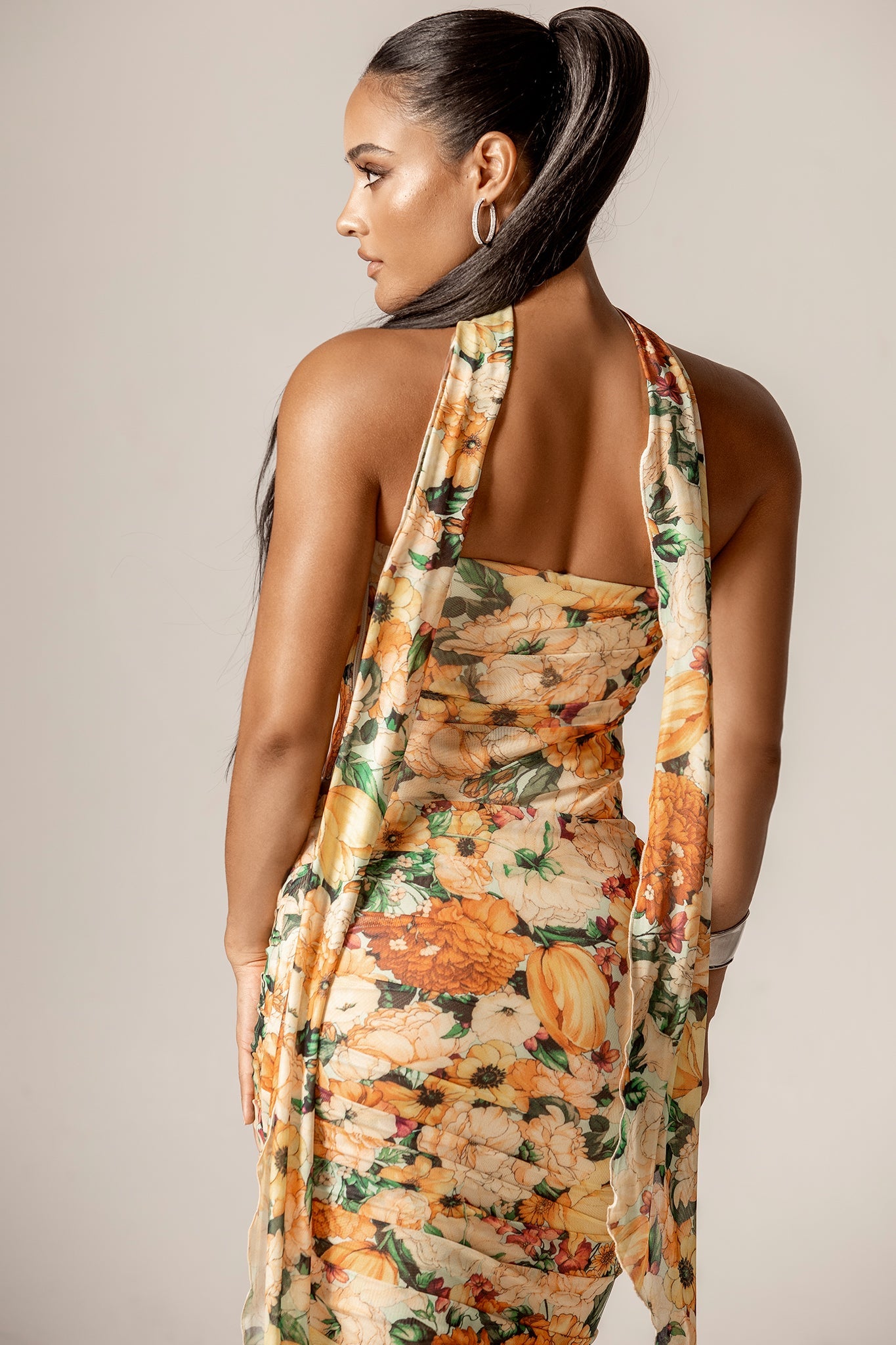 Elsa Ruched Mesh Corset with neck scarf (Sunburst Floral Print)