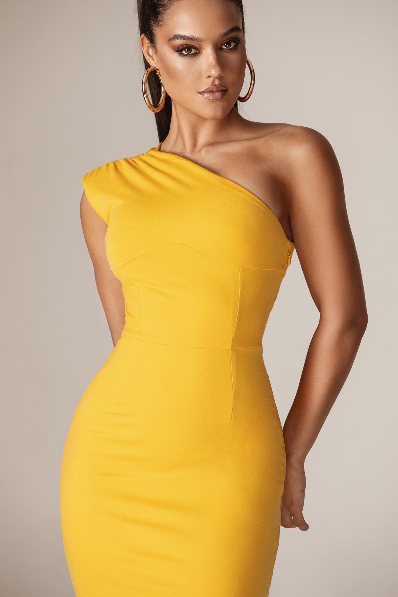 Madeline One Shoulder Ponte Midi Dress (Amber Yellow)