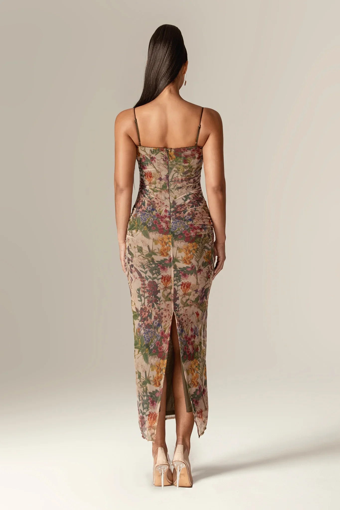 Evita Ruched Mesh Corset Maxi Dress (Garden Muse)