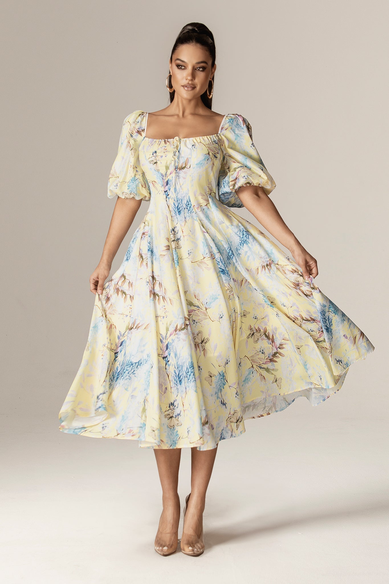 Daryl Crepe Puff Sleeves Midi Dress (Yellow Butterfly Meadow)