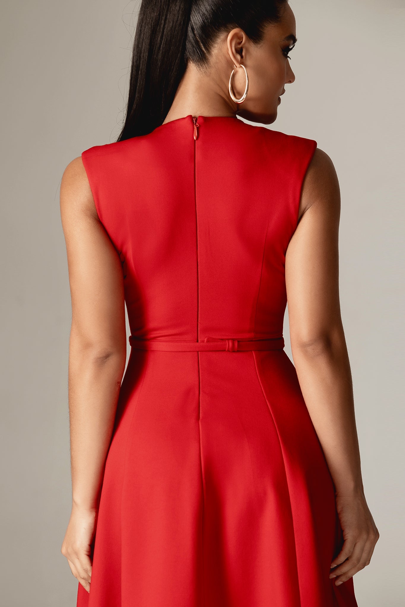Leslie Italian Ponte Belted Midi Dress (Red)