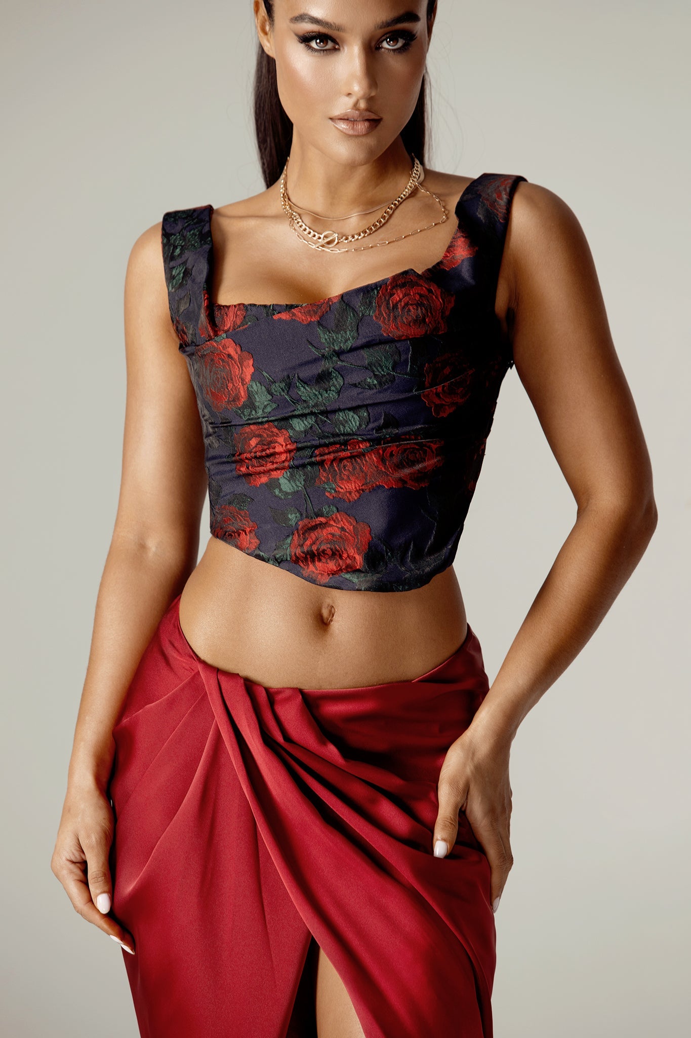 Ericka Jacquard Corset Top (Rose Print)