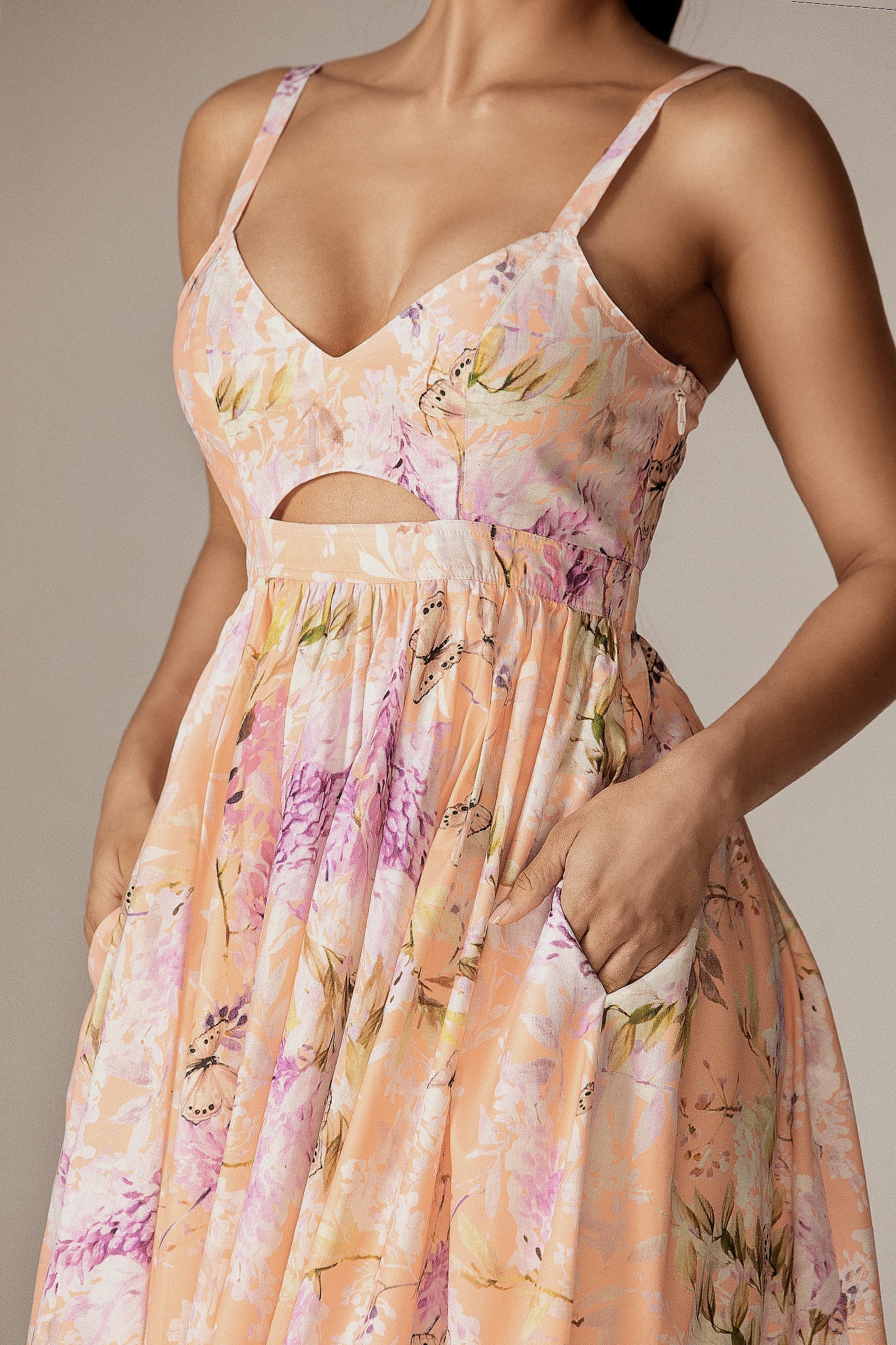 Sione Cutout Midi Dress (Coral Butterfly Meadow)