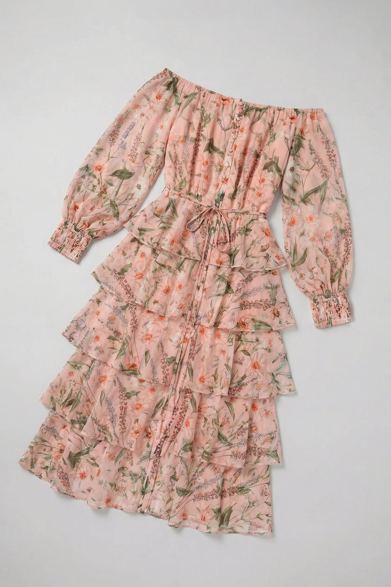 Dorra Off-Shoulder Floral Georgette Chiffon Midi Dress (Rosy Meadow)