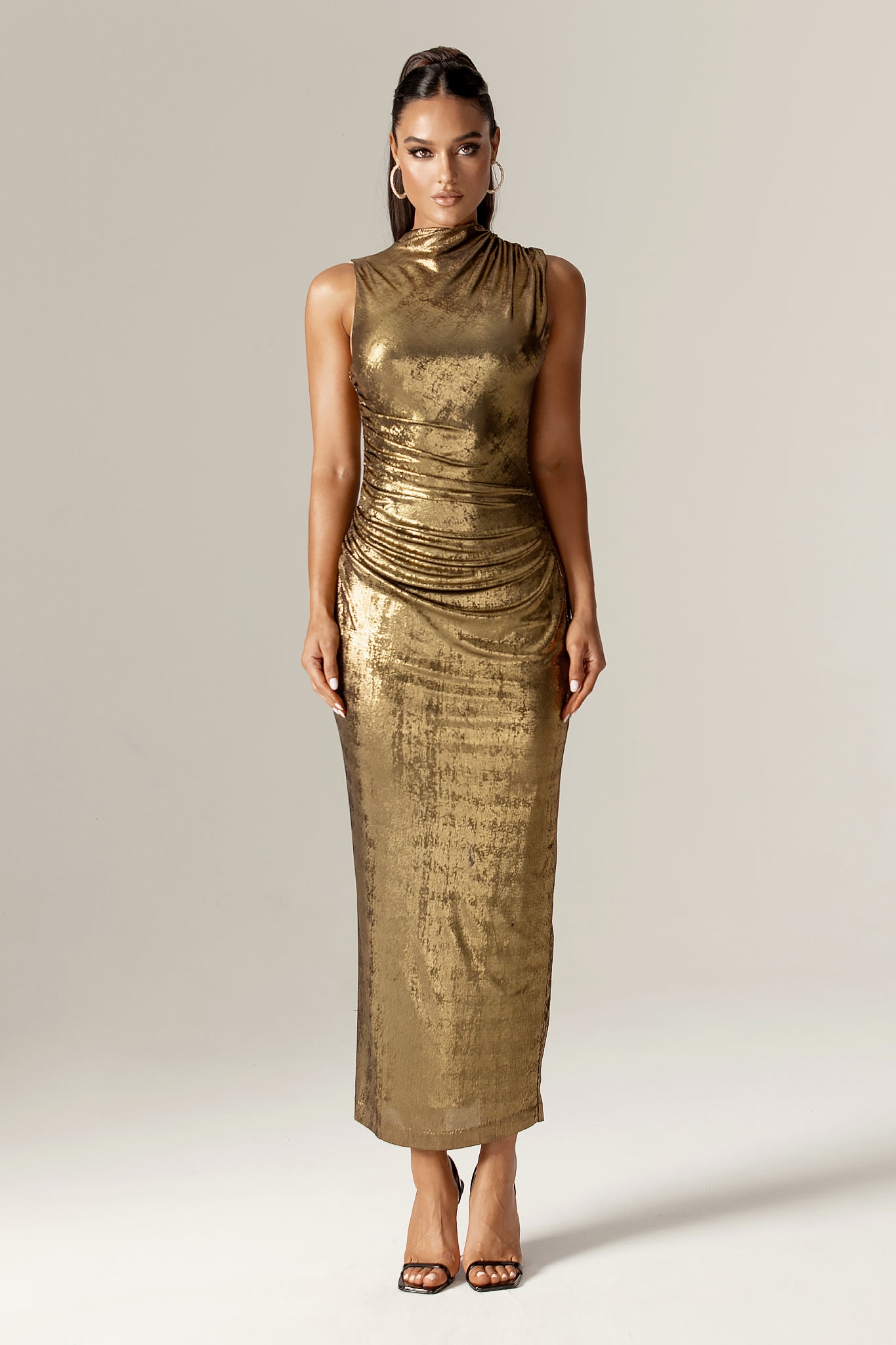Doreena Metallic Ruched Maxi Dress (Gold)
