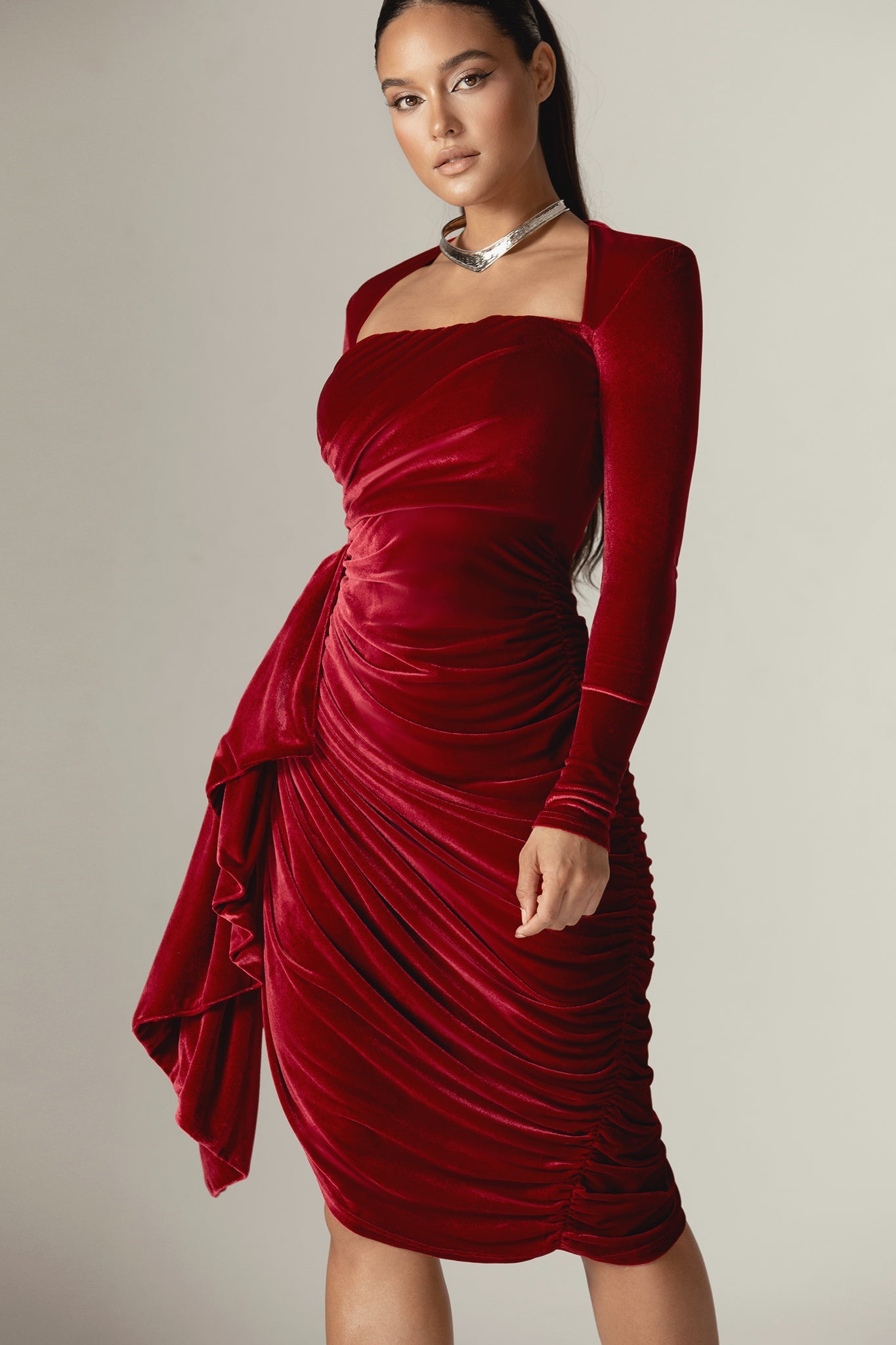 Narin Draped Midi Dress (Maroon)