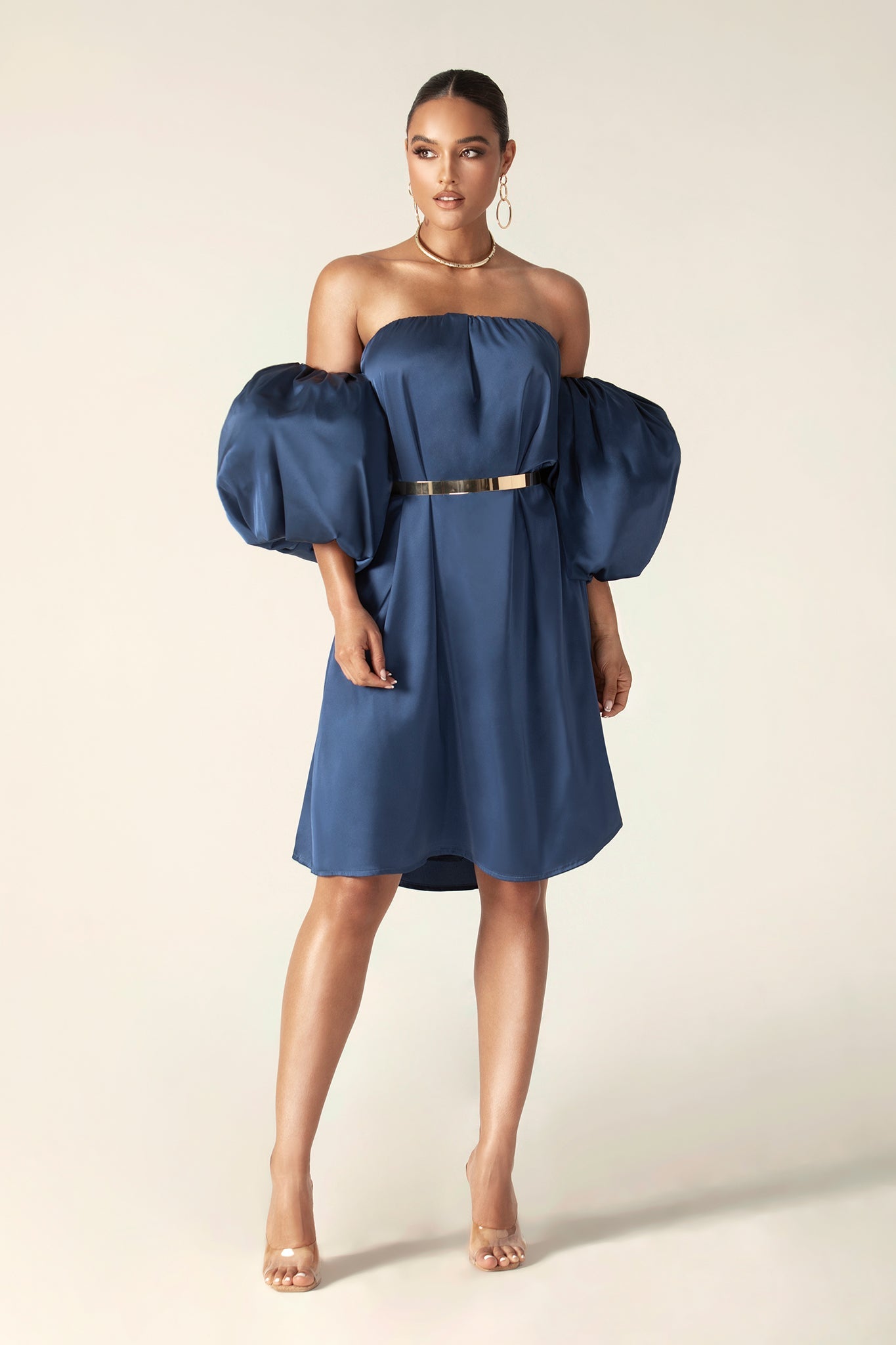 Ella Puff Sleeve Satin Midi Dress (Navy Blue)