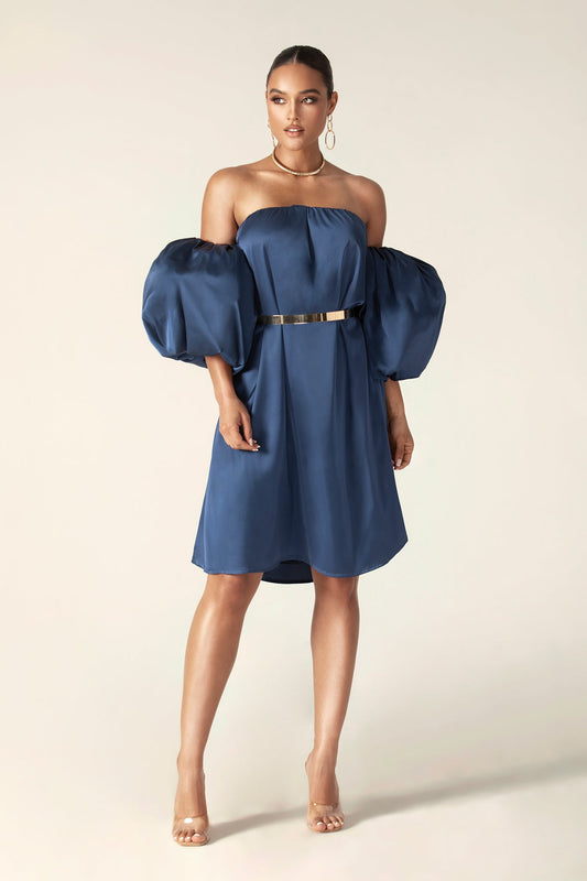 Ella Puff Sleeve Satin Midi Dress (Navy Blue)