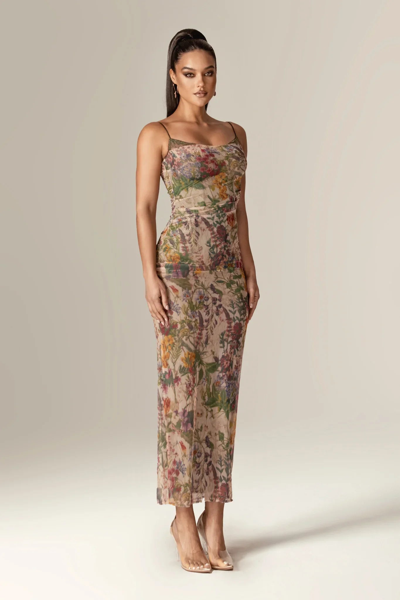 Evita Ruched Mesh Corset Maxi Dress (Garden Muse)
