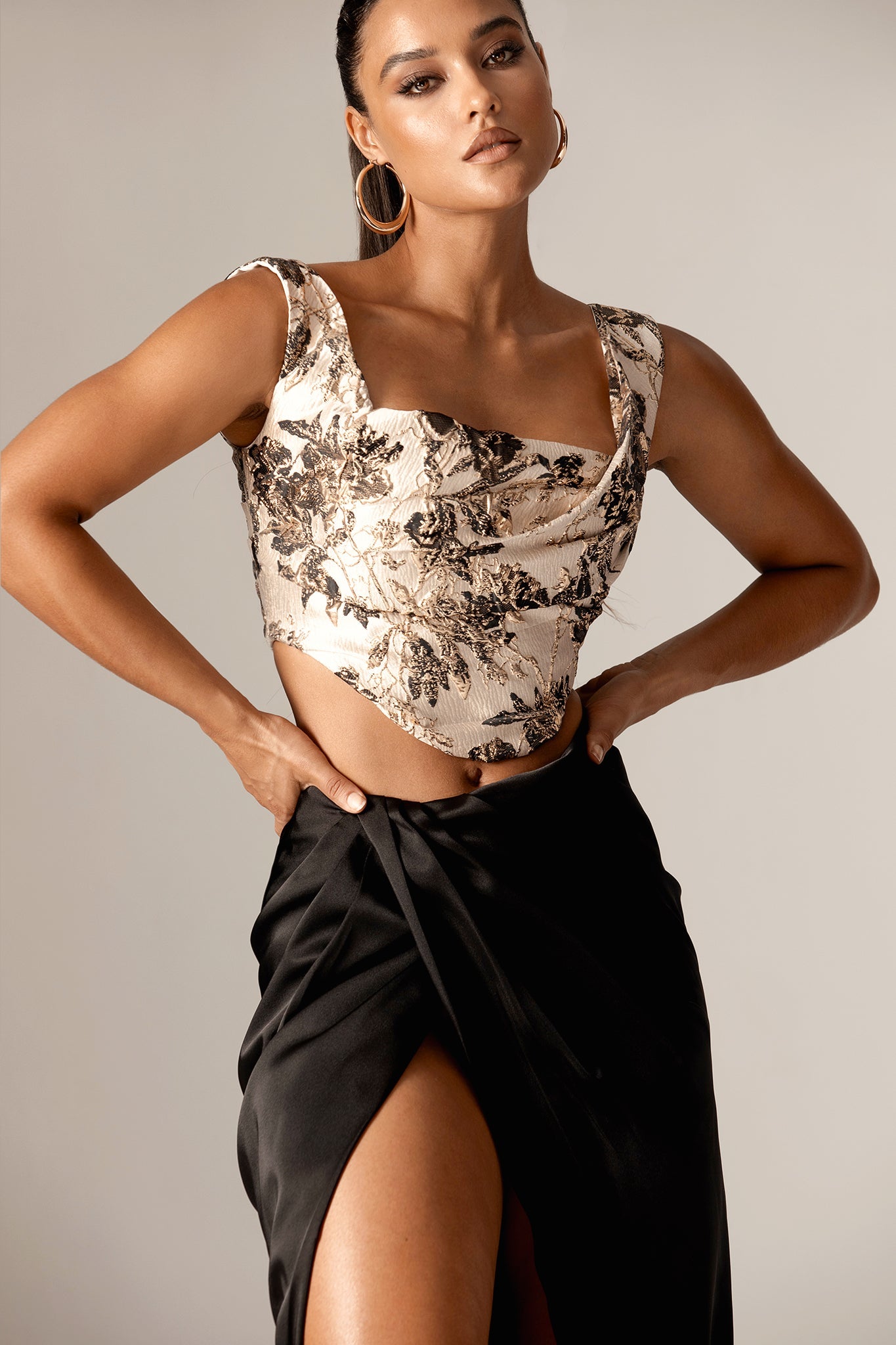 Ericka Jacquard Corset Top (Gold Floral)