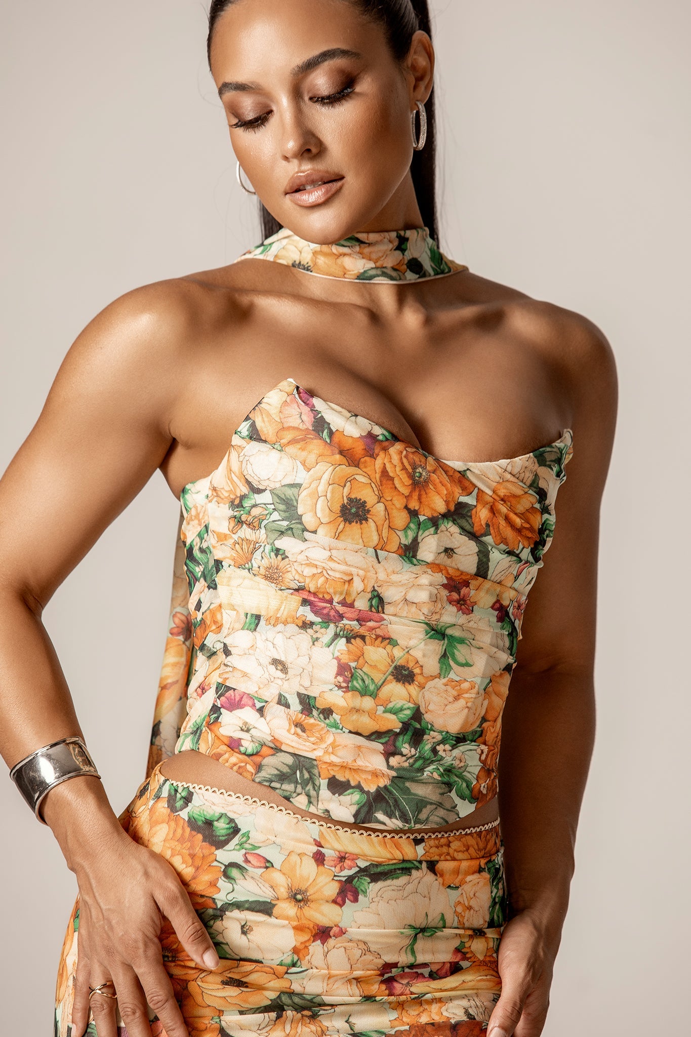 Elsa Ruched Mesh Corset with neck scarf (Sunburst Floral Print)
