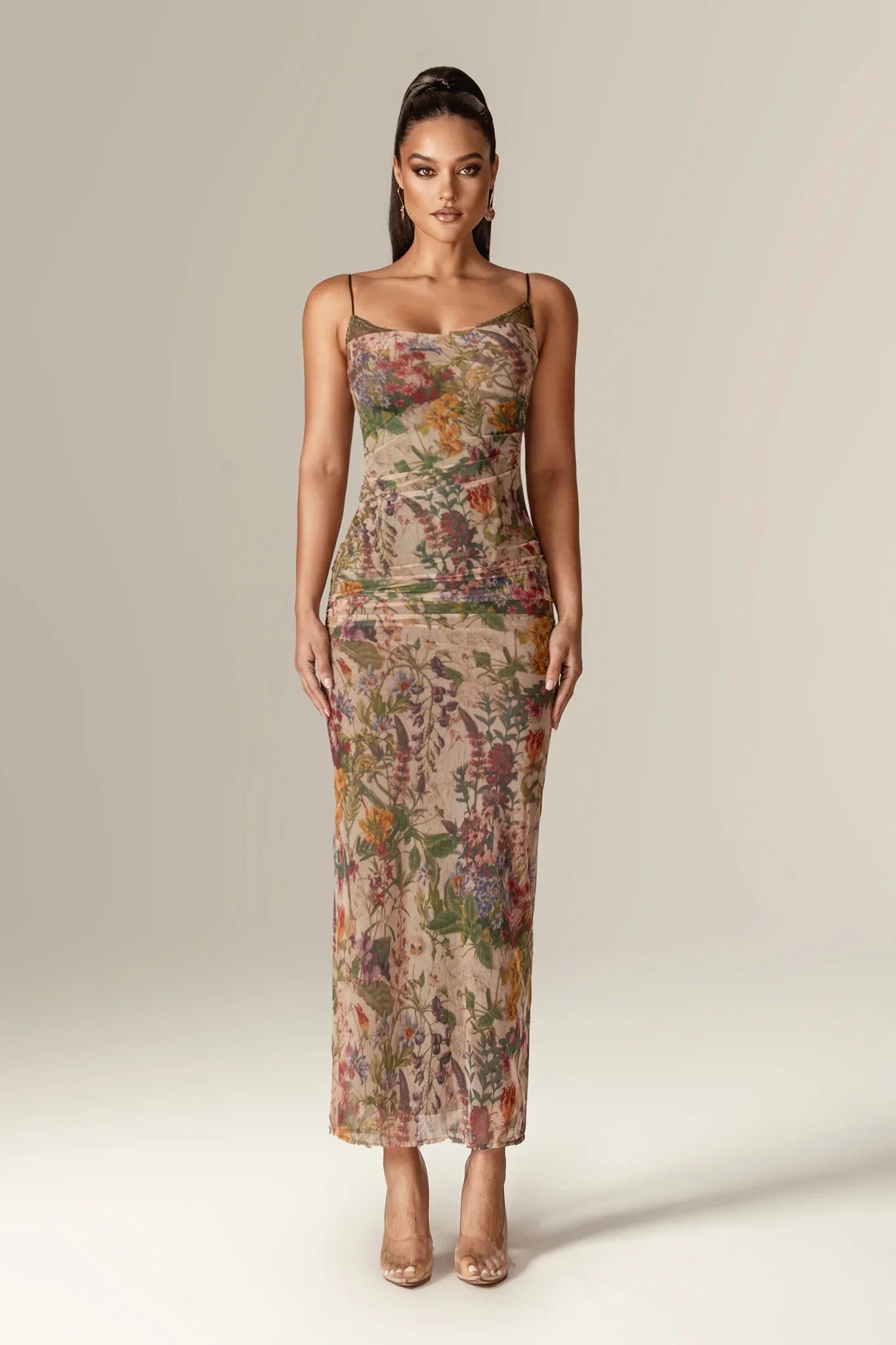 Evita Ruched Mesh Corset Maxi Dress (Garden Muse)