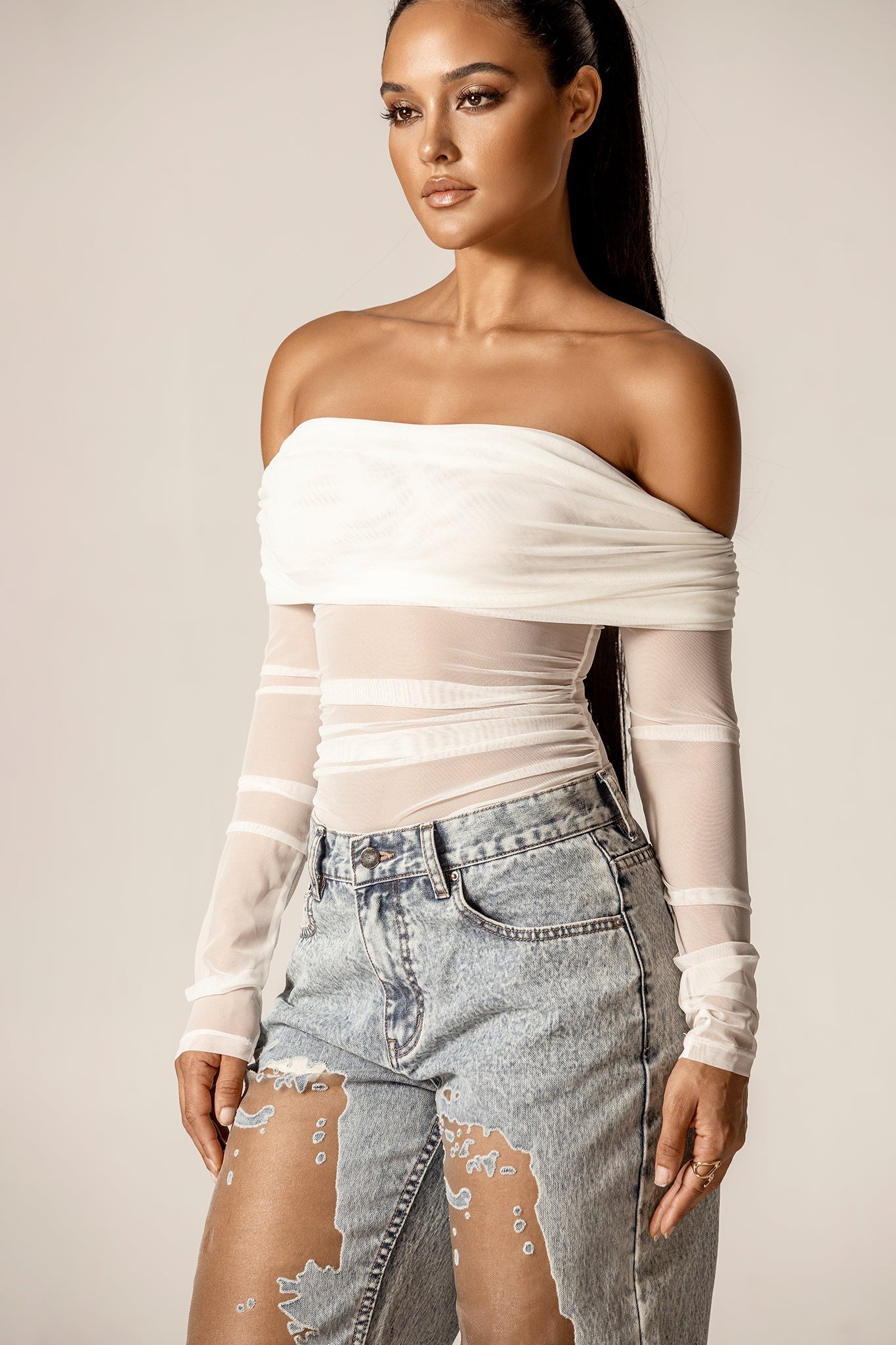 Regina Draped Off-Shoulder Mesh Top (Off White)