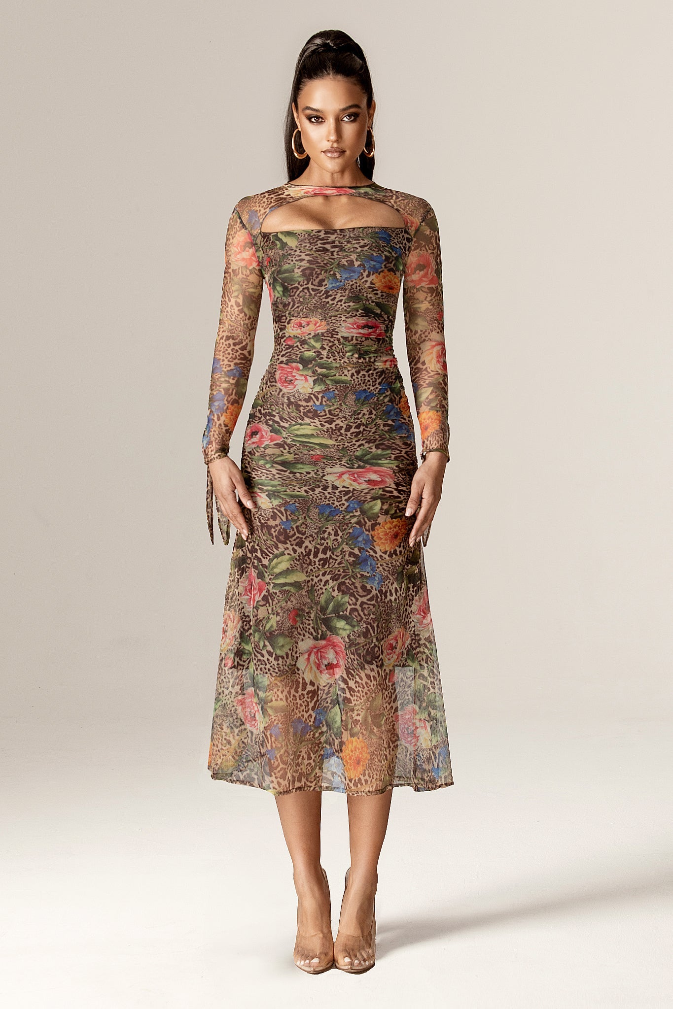 Noelle Mesh Cutout Midi Dress (Leopard's Peony)