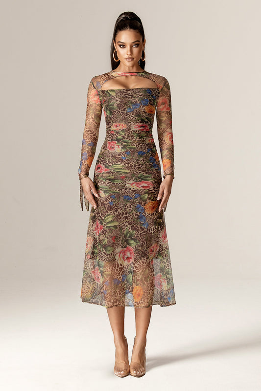 Noelle Mesh Cutout Midi Dress (Leopard's Peony)