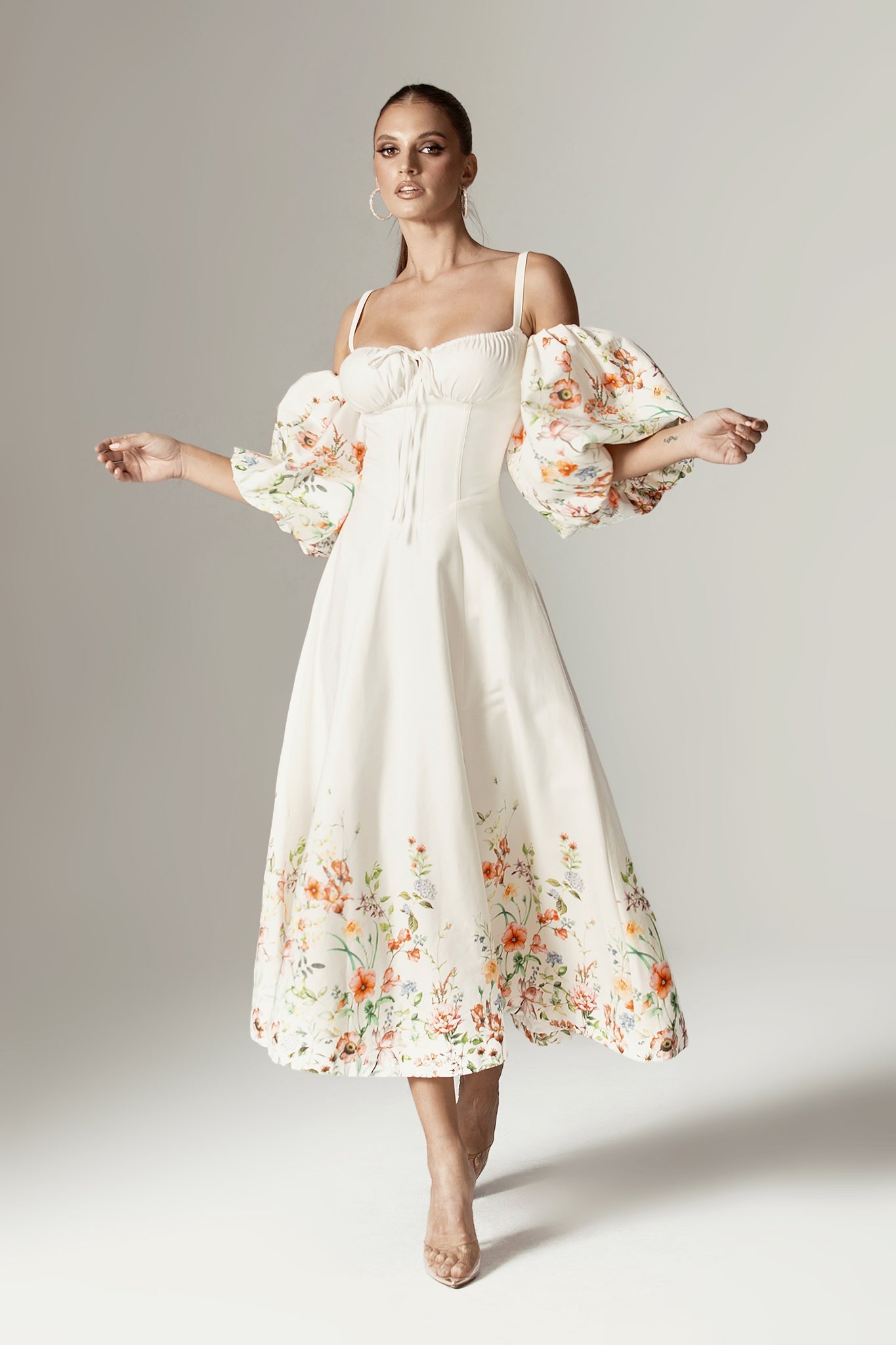 Jacquelyn Puff Sleeve Midi Dress (Floral Print)