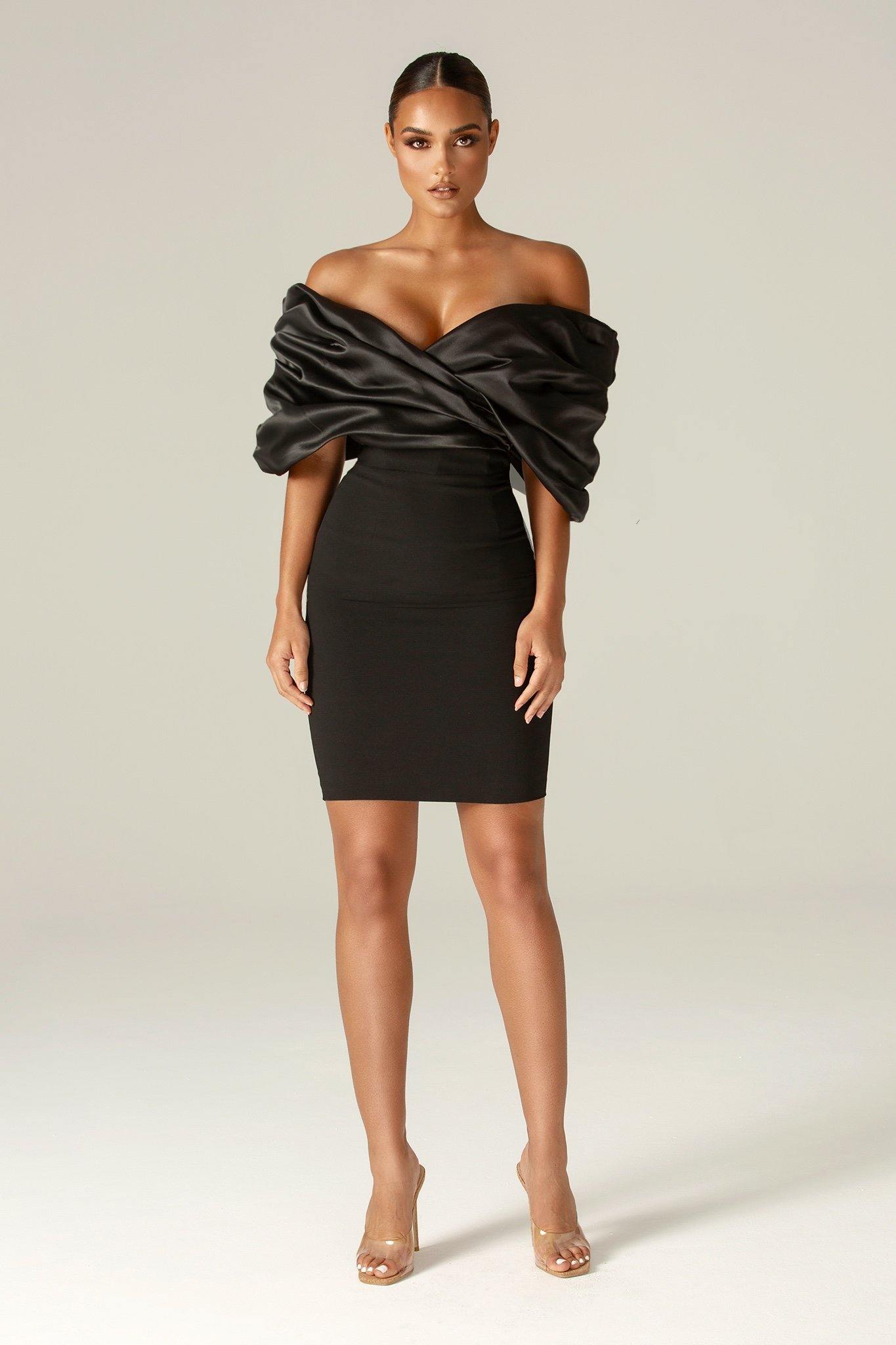 Maribel Crepe Ruffle Shoulder Mini Dress (Black)