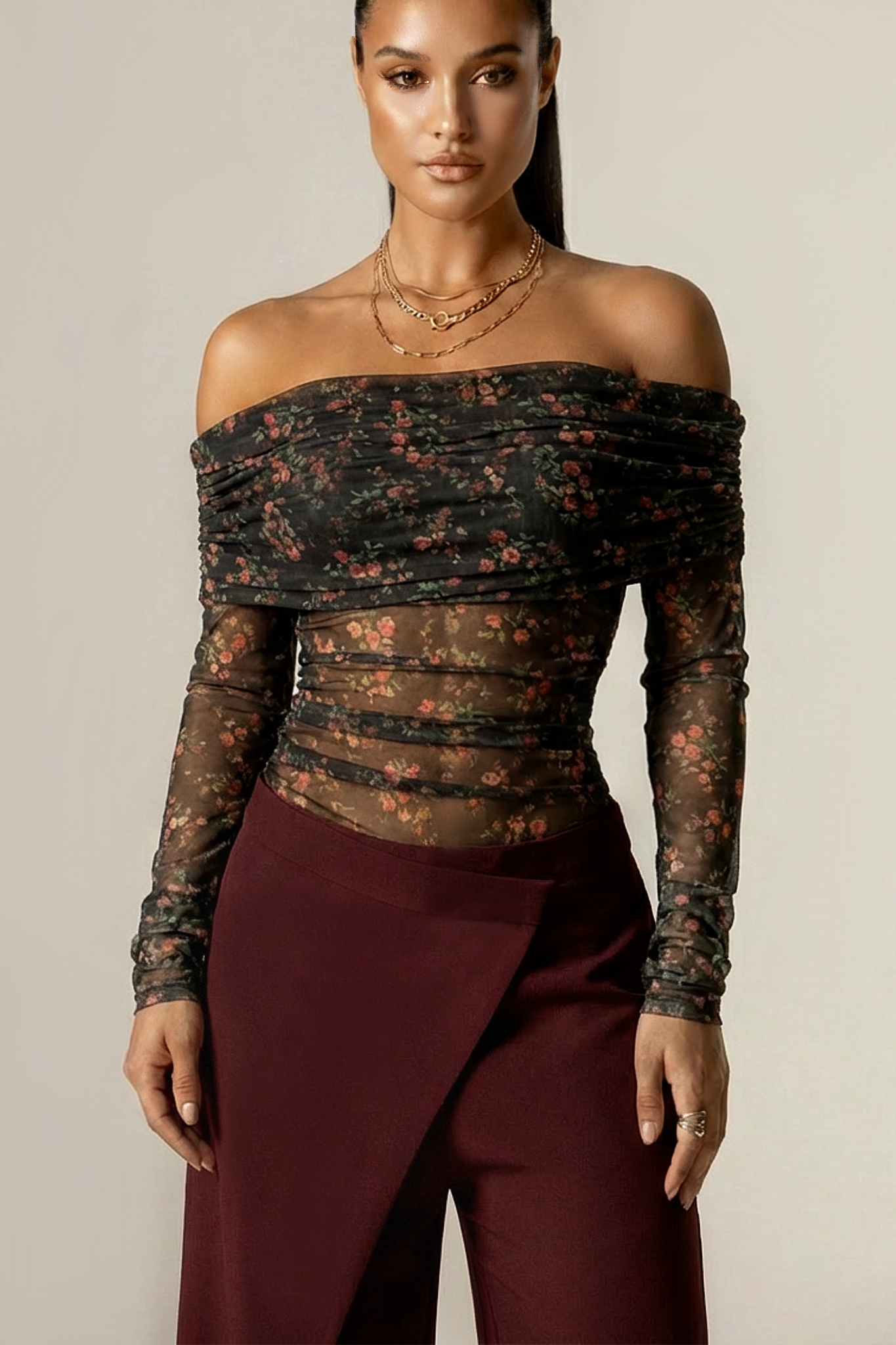 Regina Draped Off-Shoulder Mesh Top (Victorian Rose)