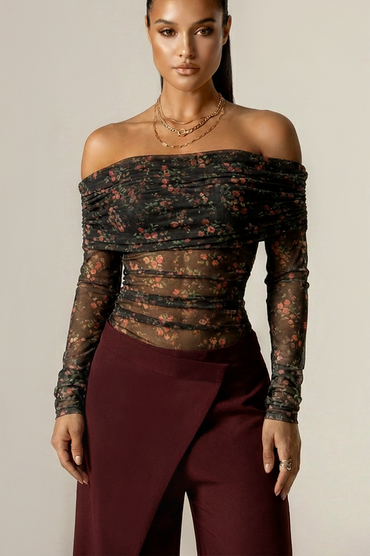 Regina Draped Off-Shoulder Mesh Top (Victorian Rose)